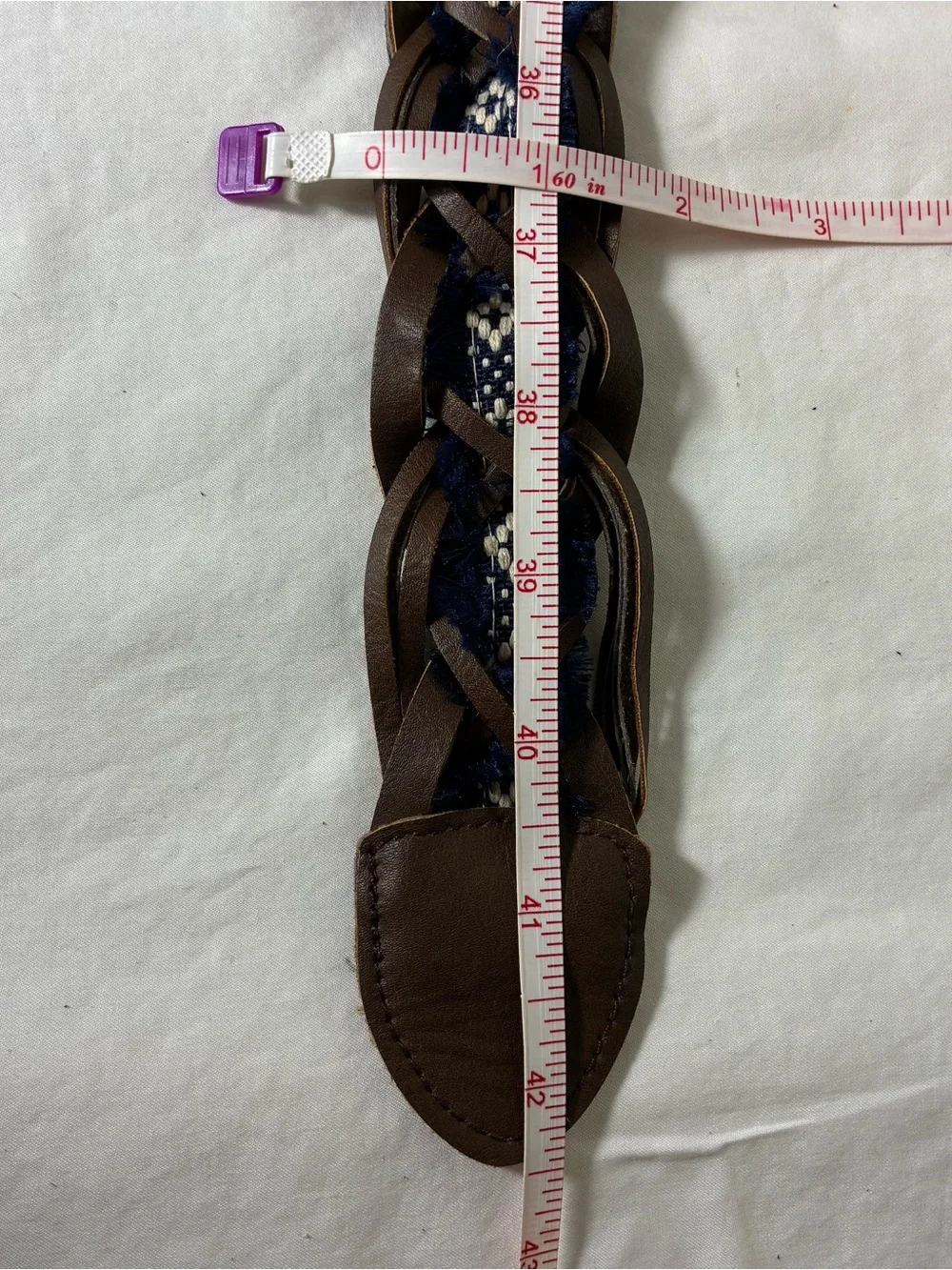 Womens belt 42” Braided Brown Faux Leather with frayed Navy Woven Detail Boho